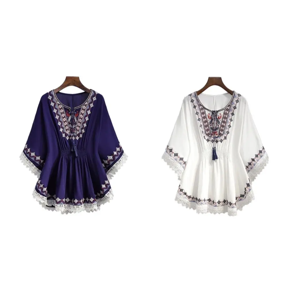 Fashion Lace-up Tassel Bohemian Style T-shirt Loose Embroidery Short Sleeve T Shirt Blouses High Waist Ethnic Style Tops Summer