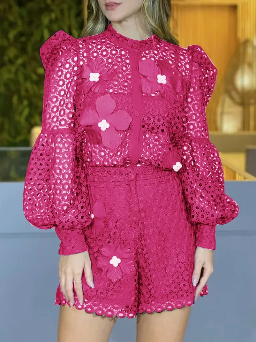 

Hot Pink Lace Women Suit Set 2 Pieces Shirt+Short Pants Flower Female Spring Office Lady Business Work Wear Coat Prom Dress