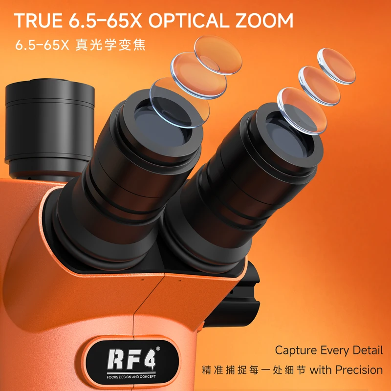 RF4 71i 새로운 30 ° C 인체공학적 초고화질 초점 조절 삼안 실체 현미경 6.5X-65X 휴대폰 납땜 PCB 수리용 현미경