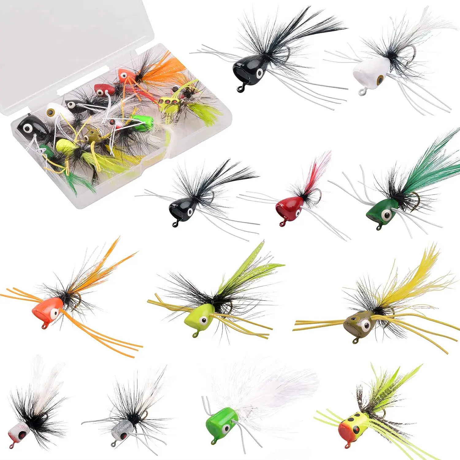 

12PCS/Set Bass Popper Flies Bugs Lures Fly Fishing Lure Topwater Fishing Lures Kit Panfish Bait Dry Fly Fishing Flies for Bass