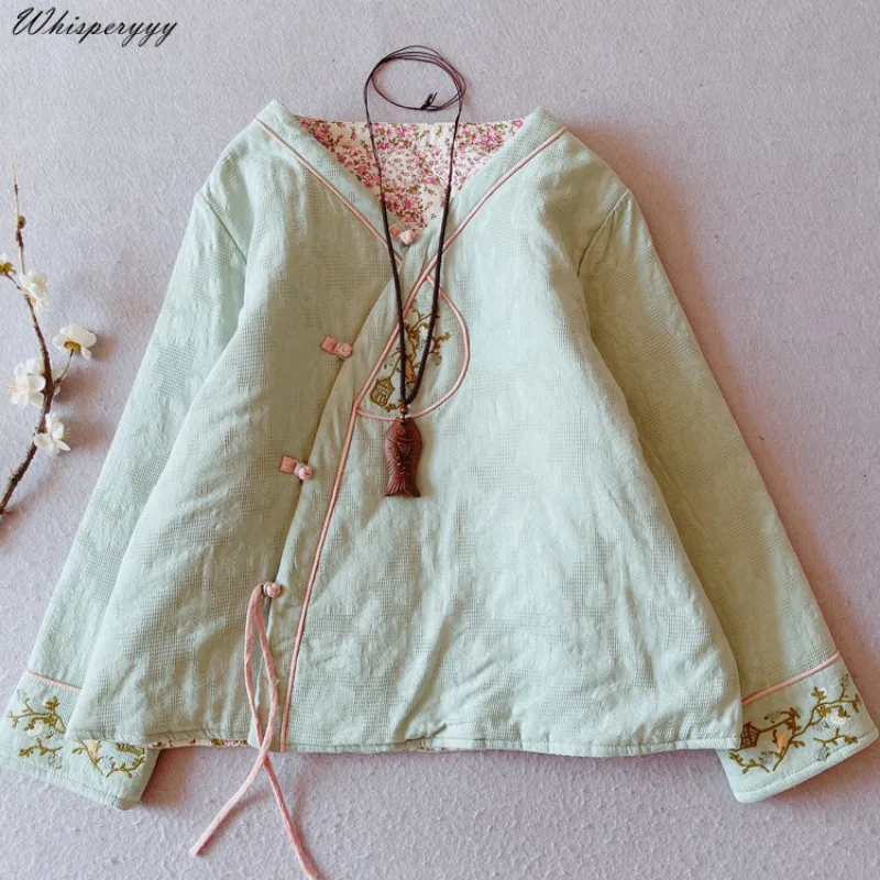 Chinese Style Embroidery Vintage Cotton and Linen Coat Women's Winter Hanfu Tops