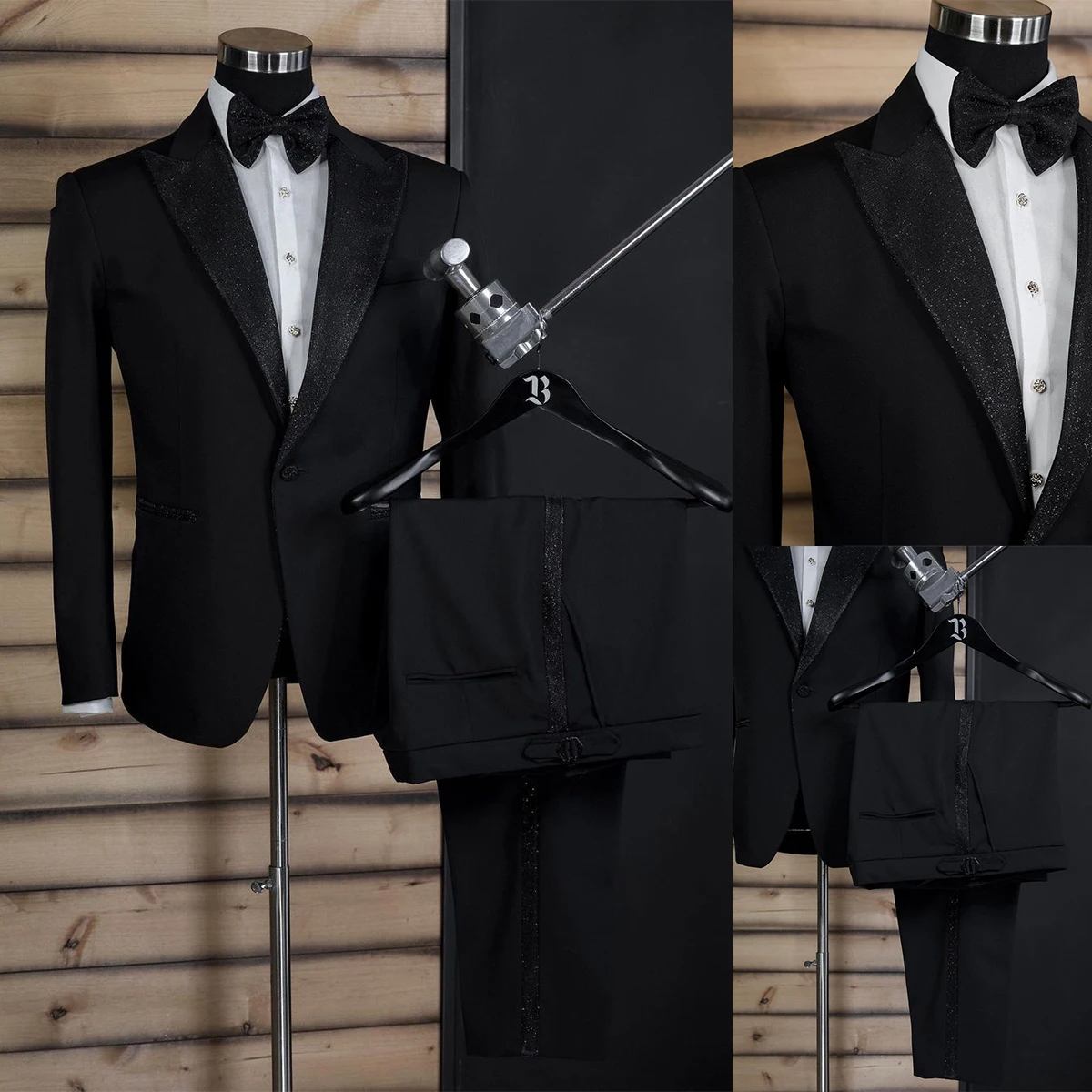 

Handsome Black Wedding Mens Suit With Shine Neck New Arrivals Fashion Coat And Pant Business Formal Groom Tuxedo Party Suits