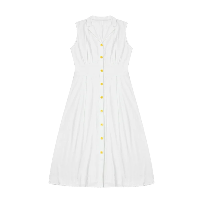 Beach Dress Women Solid Color Turn Down Collar Single Breasted Sleeveless A Line Long Dresses Vacation Party Dresses