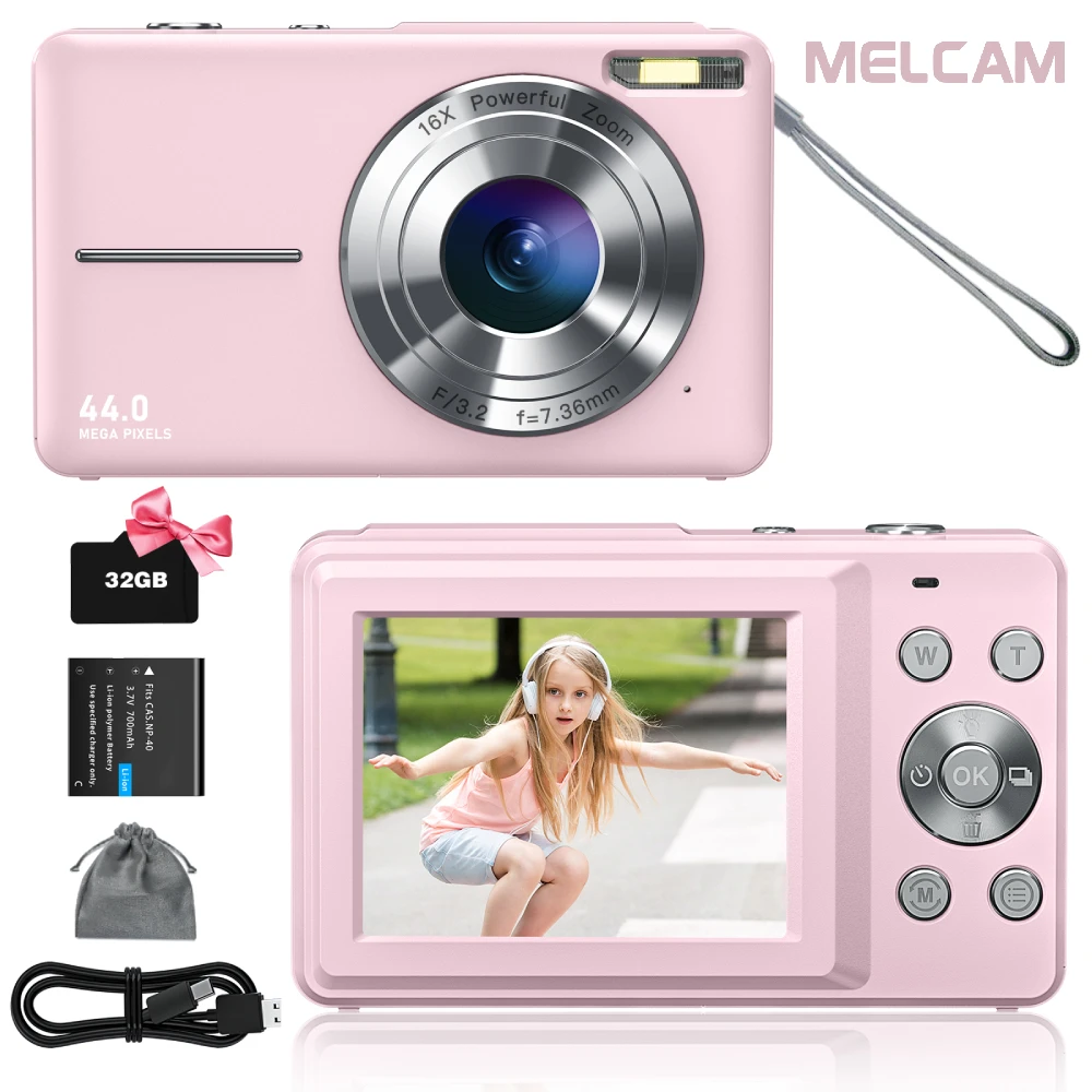 44MP Digital Camera, FHD 1080P Digital Camera for Kids with 32GB SD Card Anti Shake Portable Camera Small for Teens, Pink