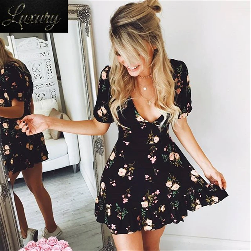 

Женское мини-платье с цветочным принтом в стиле бохо, летнее пляжное платье с коротким рукавом и V-образным вырезом, вечернее богемное пляжное платье, модель 2024 года