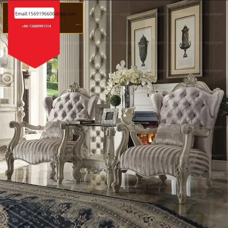 

Luxury solid wood leisure chair European style cloth sofa neoclassical table and chair combination single chair