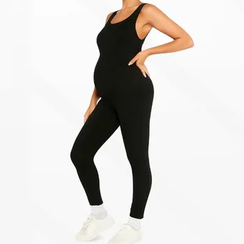 Black Maternity Jumpsuit Summer Stretchy Slim Fit Butt-lifting Comfy For Daily Outings Maternity Women Belly-support Yoga Onesie