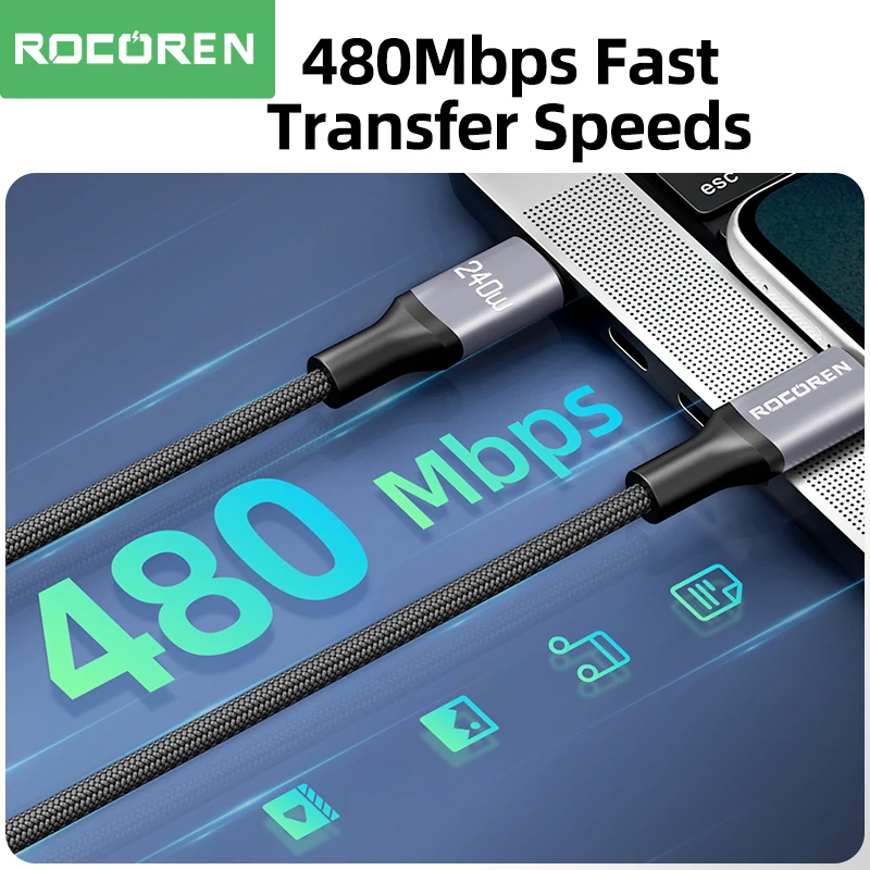 Rocoren 100W USB Type C To USB C Cable 2m PD Fast Charging Charger Wire Cord For Macbook Samsung Xiaomi Type-C USBC Cable 5A Best Sellers In Phones Accessories