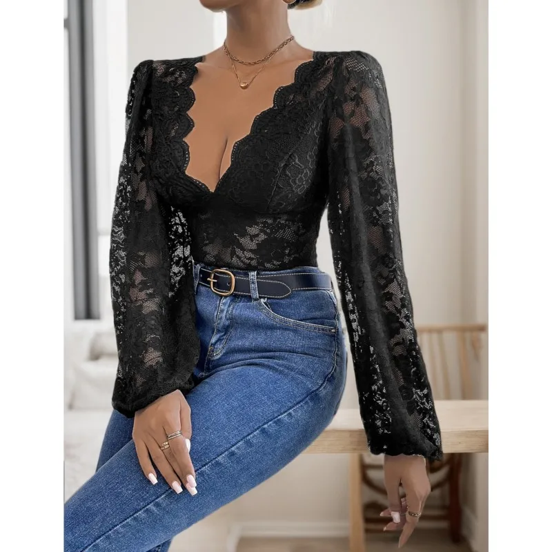Tight Sexy Long Sleeve V-neck Lace Onesie Polyester Women Jumpsuit Roupas Femininas Sexyropa De Mujer Rompers For Women
