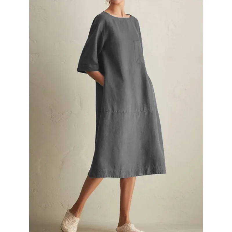 

Summer Dresses Women Europe and America Large Size Casual Round Neck Medium Sleeve Loose Straight Dress Women Clothing