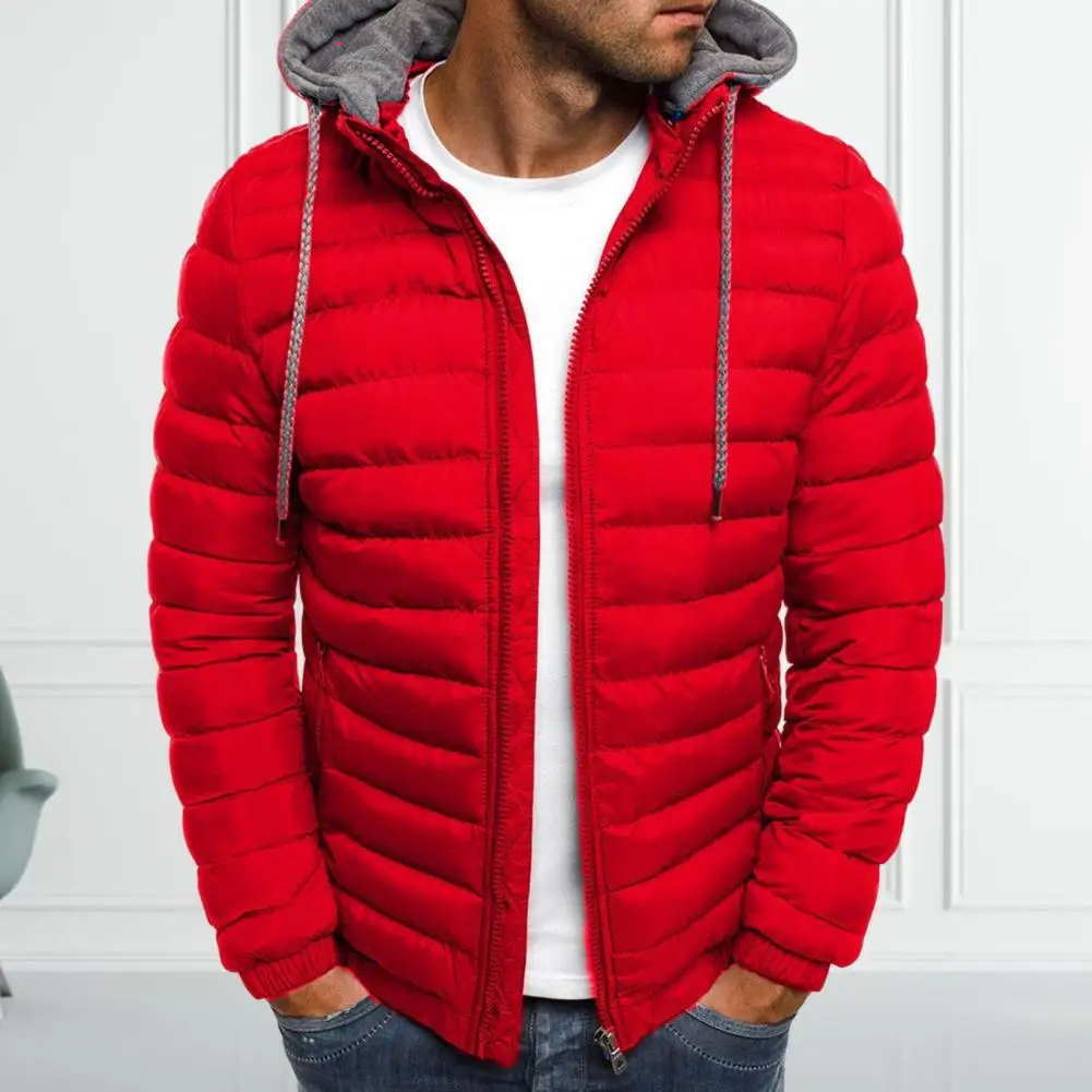 

Men Fall Winter Jacket Hooded Padded Thick Warm Men Jacket Drawstring Zipper Closure Cardigan Soft Men Outdoor Coat