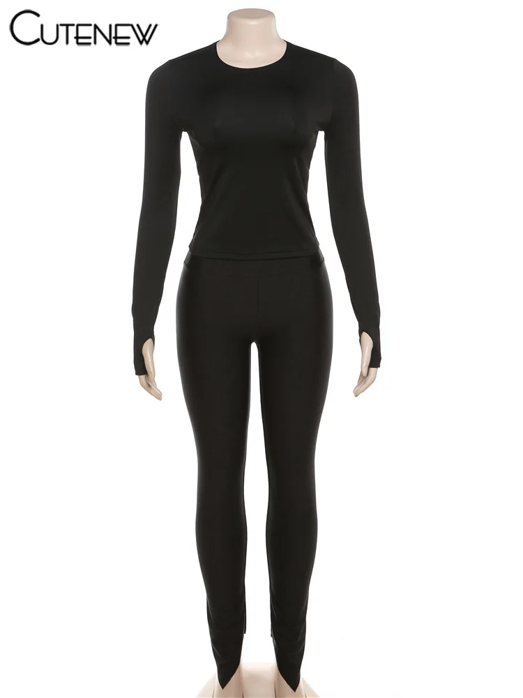 Conjunto de dos piezas elástico liso para mujer, top corto sexy ajustado de manga larga con cuello redondo y pantalones pitillo deportivos informales, chándal para mujer