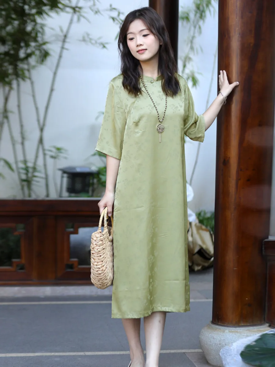 

LZJN Cheongsam skirt summer five-point sleeve satin jacquard dress Chinese women's dress