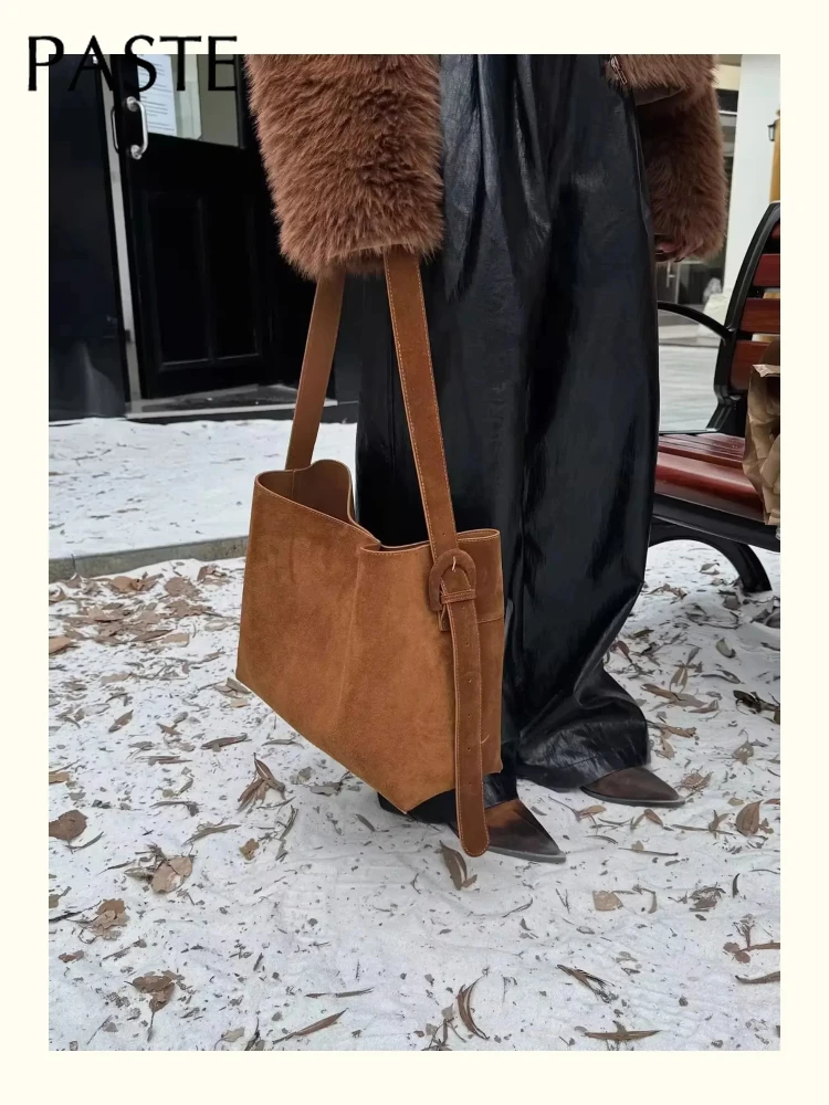 New Winter Matte Suede Cow Leather Women Tote Coffee Retro High