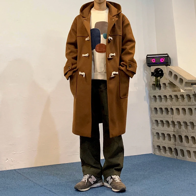 남성용 겨울 두꺼운 모직 코트 한국 스타일 오버코트 롱 기장 루즈핏 후드 패셔너블 젊은 감각 폴리에스터 혼방