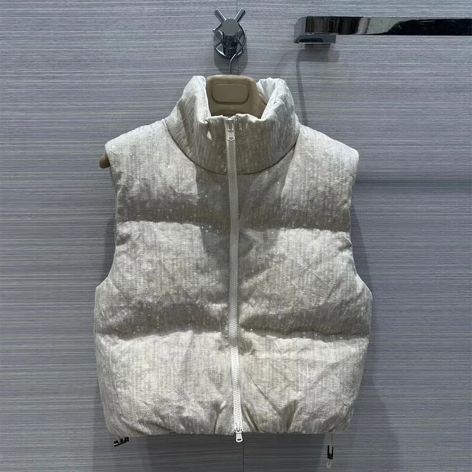 

New Fashion Winter Warm Thick Goose Down Coat Sleeveless Zipper Fly Beige Color Sequins Casual Tank Vest Jacket