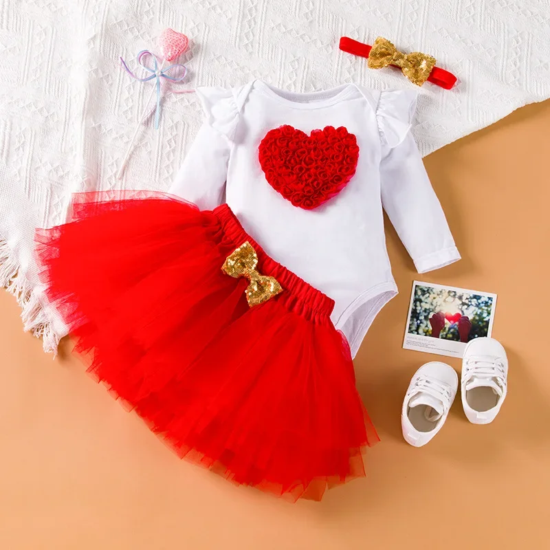Baby Birthday Tutu Romper Skirt Heart Flower Mother's Day Love Flying Sleeves Sweetheart Clothes Mesh Half Skirt Set Baby Dress