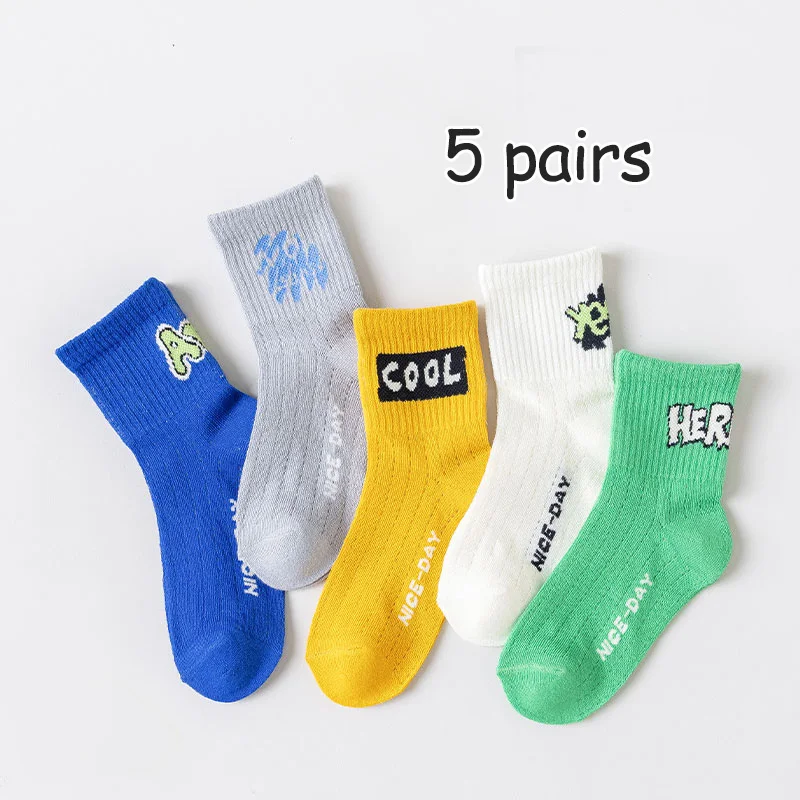 5 pairs of children's socks Boys spring and autumn thin mesh socks student mid-tube sports socks Wicking sweat non-smelly cotton