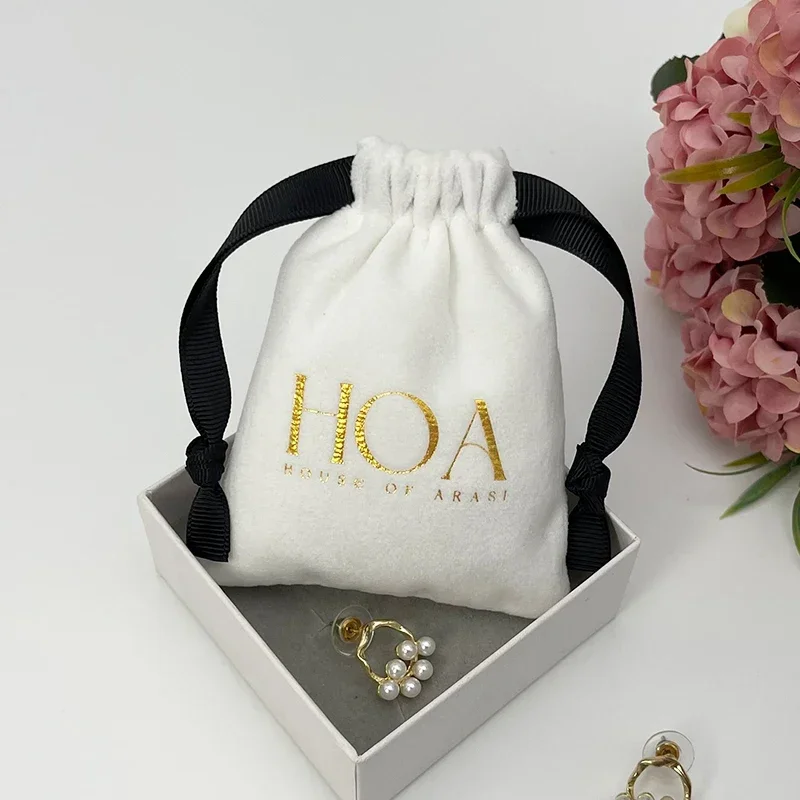 Custom Logo White Drawstring Bag Soft Velvet Jewelry Packaging Bags for Jewelry Storage Small Pouch Favor Gift Bag 20pcs