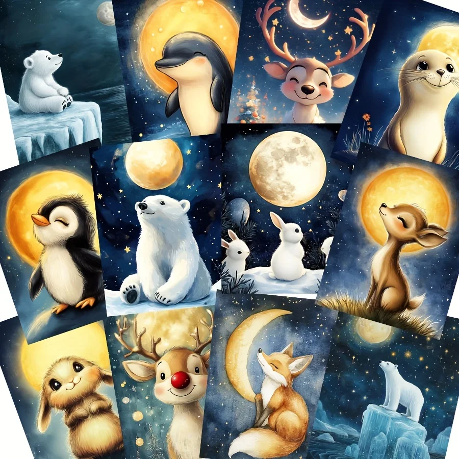 44pcs Card and Sticker Set Animal with Moon Night Christmas Deer Ptterns for Holiday Party Flag DIY Bottle Greeting Card