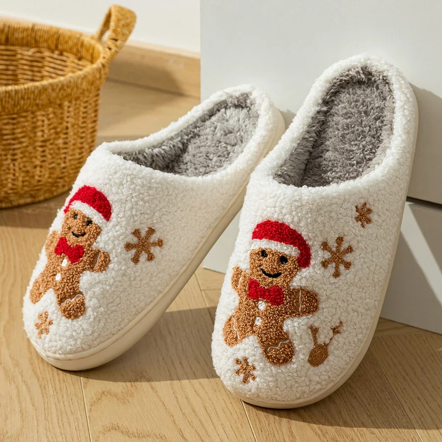 Women Slippers Christmas Cartoon Gingerbread Man Winter Indoor Warm Comfort Bedroom Soft Sole Lightweight Cotton Home Shoes
