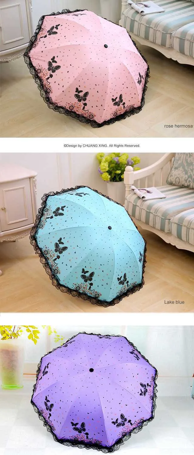 Description Picture 5 of itemButterfly Lace Printed Sunshade Umbrella For Both Rain And Sunshine, Triple Fold Wind Resistant Sunshade Umbrella