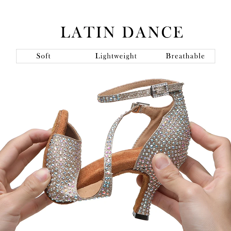 DKZSYIM أحذية الرقص اللاتينية للنساء قاعة الرقص التانغو الراين أحذية رقص عالية الكعب أسود/فضي/الذهب أحذية الزفاف النسائية