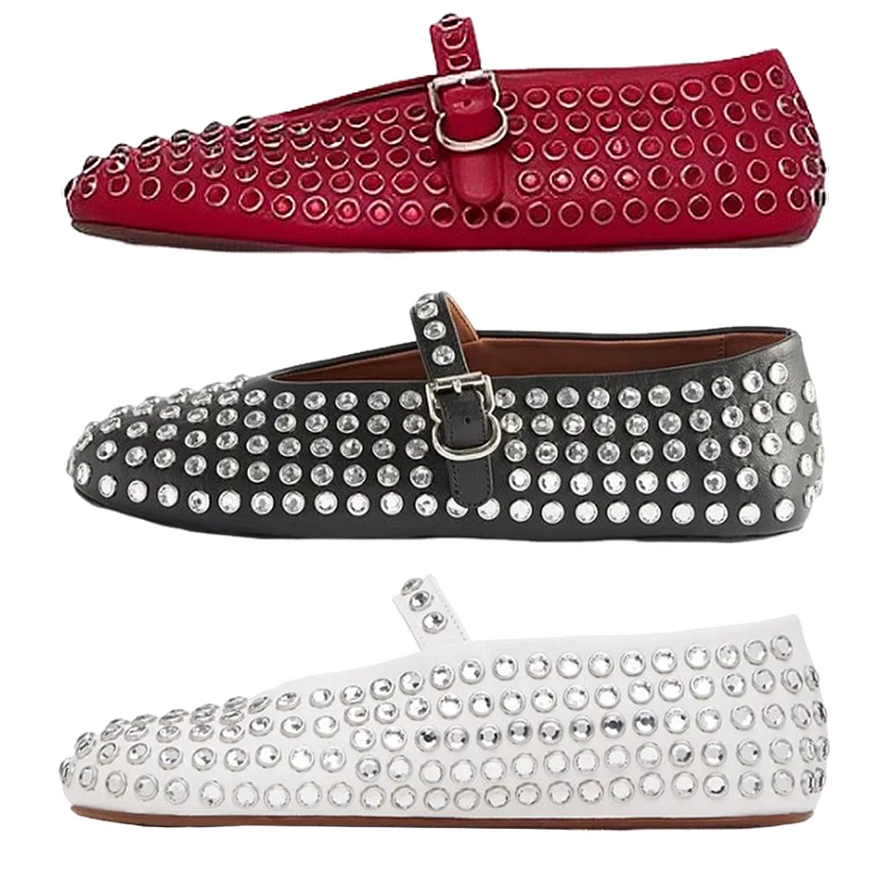 Women Crystal Studded Flats with Buckle Strap Rhinestone Ballet Flats Crystal Ballerina Shoes Comfortable Female Casual Shoes 4
