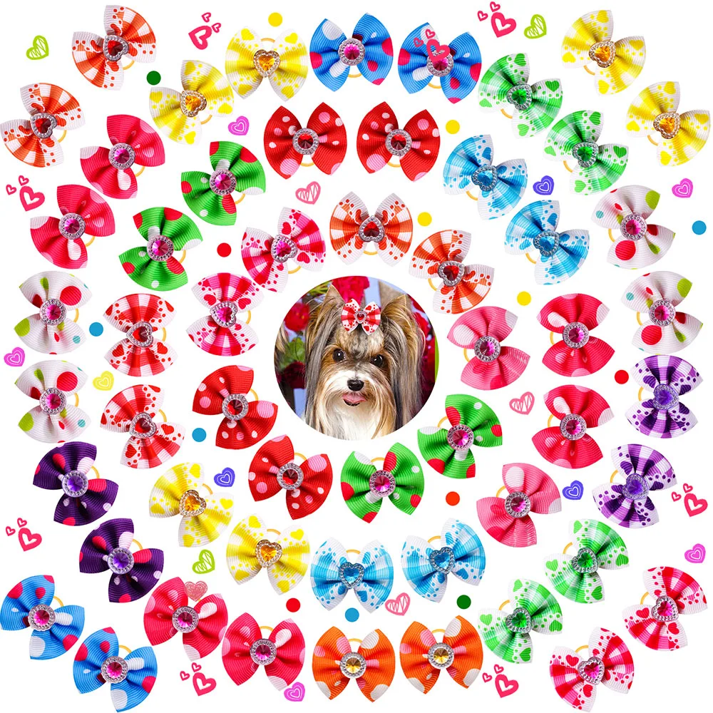 

20/30pcs Plaid Dog Bows Dot Pet Hair Bows Diamond Mix Color Small Dog Rubber Band Hair Bows Grooming for Dogs Hair Accessories