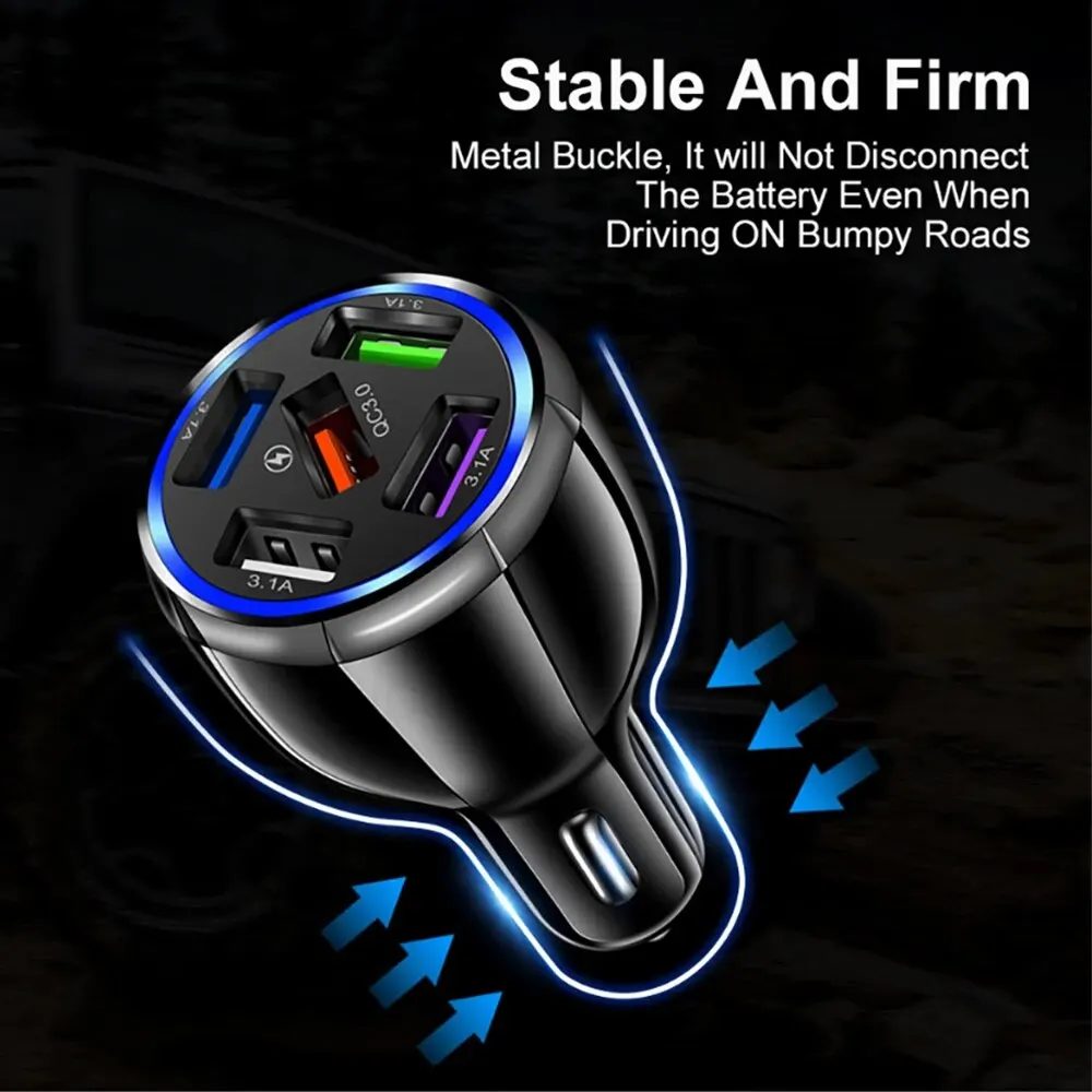 5-in-1 QC3.0 5 USB 차량용 충전기 고속 충전 차량용 충전기 원 드래그 멀티 5개 USB 포트 범용 고속 충전 차량용 충전기