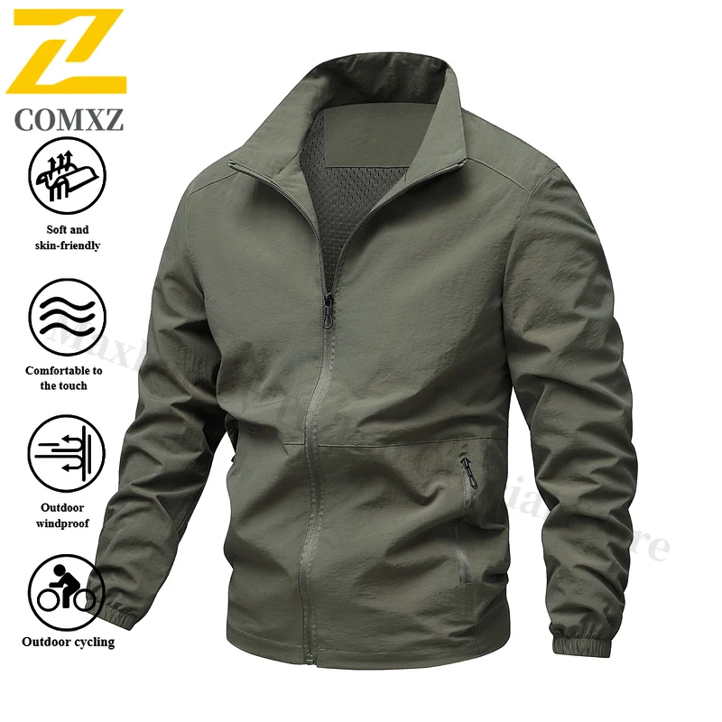 COMXZ Men's Lightweight Windbreaker Jacket for Outdoor Hiking Camping - Breathable Stand Collar Loose Fit Spring Autumn Coat
