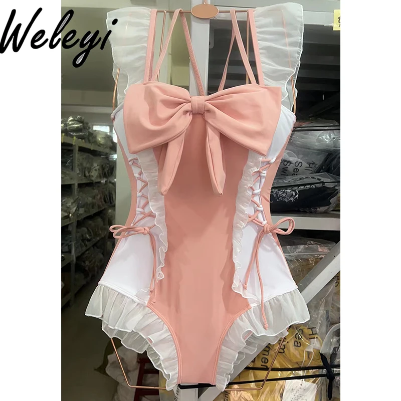 Sweet Y2K Lolita Triangle One Piece Swimsuit Women's Summer Pure Desire Wind Cover Belly Conservative Cute Girl Casual Swimwear