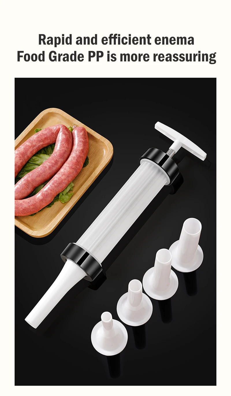 Description Picture 6 of itemManual Sausage Maker Meat Filler Stuffer  Stainless Steel Syringe With Casing Kitchen Home Made Sausages Vertical