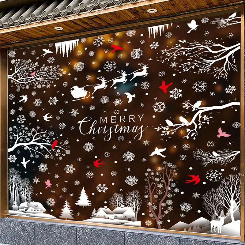 Christmas Winter Wall Stickers Snowflake Tree Branch Hummingbird Window Glass Sticker Merry Christmas Decor Happy New Year