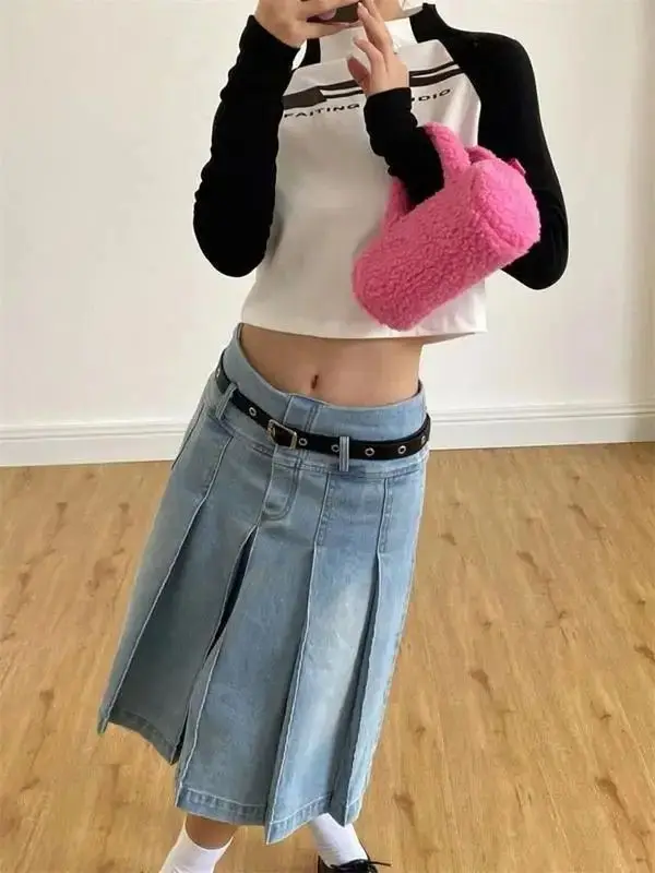 Denim Pleated Skirt High Waist Y2k Streetwear Women Vintage A-Line Distressed Knee-Lenght Jeans Skirt Japanese Fashion Versatile