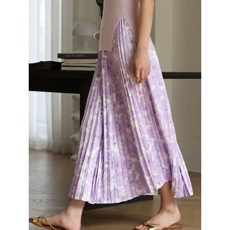 

Women High Waist Floral Print Pleated Midi Skirt Retro Chic Korean Fashion 2023 Summer New In