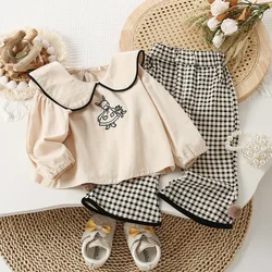 Children's Clothing Sets Rabbit Print Turn-down Tops+Plaid Bell-bottoms 2pcs Kids Girls Clothes Set 2 To 6 Years Baby Outfit Set
