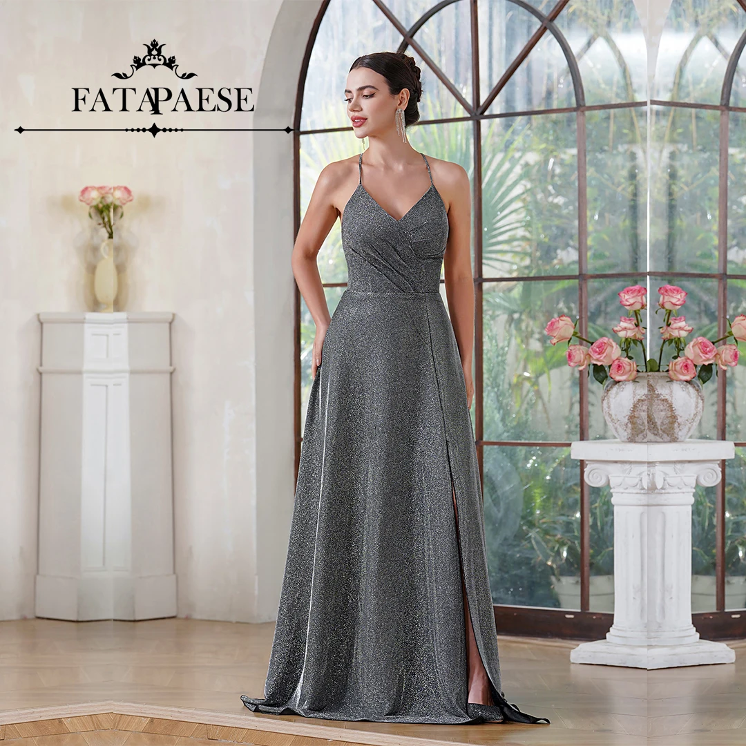 

FATAPAESE Spaghetti Strap Shiny Evening Dress with V-neckline Front Slit Floor-length Gown Sparking Fabric for Formal Party