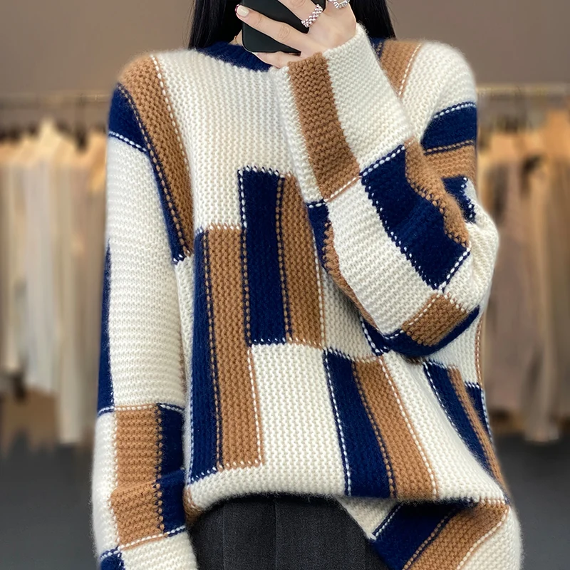 

Fashion Cashmere Sweater O-Neck Spliced Knitted Color Sweater Female 2023 Autumn New Loose Casual Pullover All-match Korean Tops