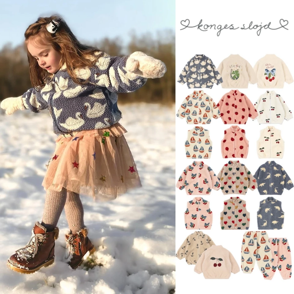 Kids Jackets Konges Slojd Winter Baby Girls Boys Lambswool Cherry Sequin Cartoon Outerwear 1-9Yrs