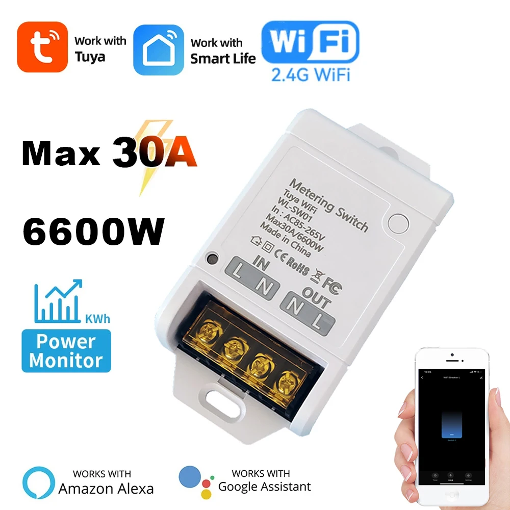 WiFi 30A โมดูลรีเลย์ 85-265V สมาร์ทสวิทช์ Power Monitor Home Automation Controller Tuya ควบคุมรองรับ Alexa Google Home 1