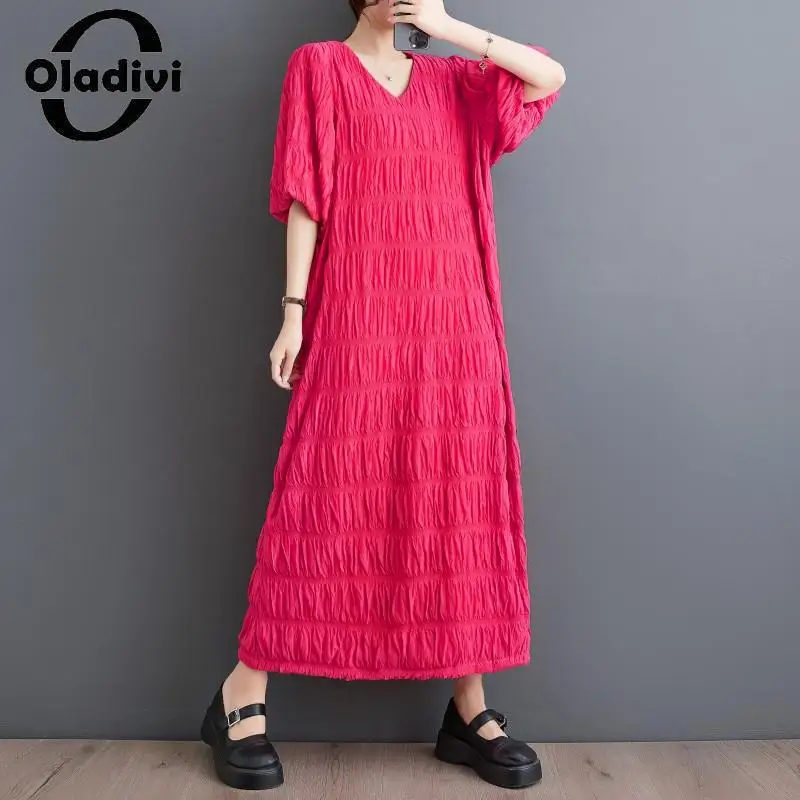 

Oladivi Large Size Women Short Sleeve Pleated Dress 2023 Summer New Casual Loose Long Dresses Female Oversized Clothing 6XL 8005