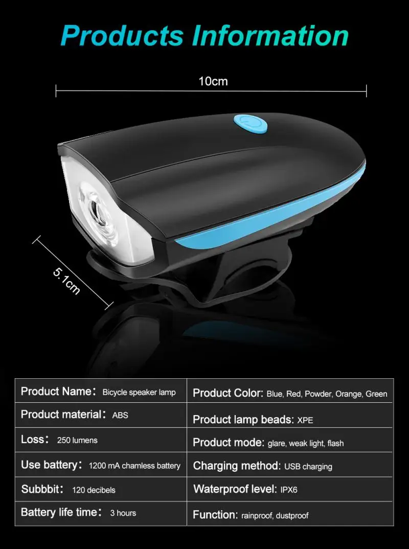 Description Picture 3 of itemBicycle Front Light with Electric Loud Horn Waterproof Bike Headlight USB Rechargeable Cycling Flashlight Tactical Torch Lantern