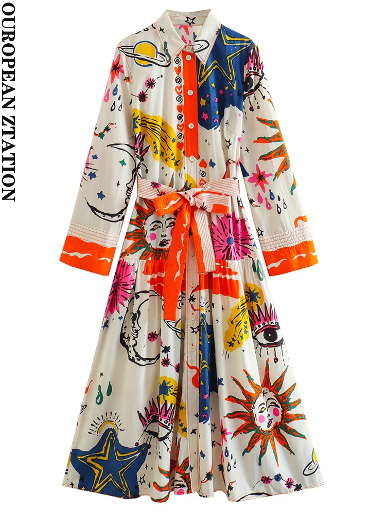 

PAILETE Women 2023 fashion with belt printed midi dress vintage long sleeve button-up female dresses vestidos mujer