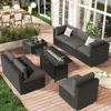 Outdoor 8-piece all-weather rattan segmented dialogue set, equipped with a glass coffee table, cushion, and fire pit table 1