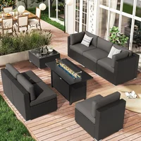 Outdoor 8-piece all-weather rattan segmented dialogue set, equipped with a glass coffee table, cushion, and fire pit table 1