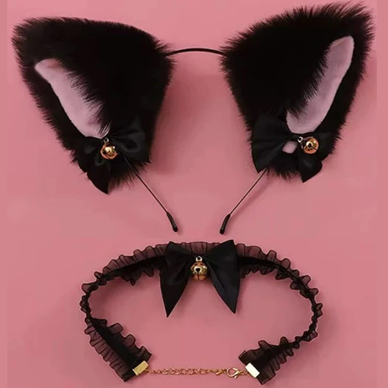 

Christmas Cat Ears Headband for Women Lace Bow Necklace Plush Bell Hairband Cosplay Masquerade-Party Costume Hair Accessories