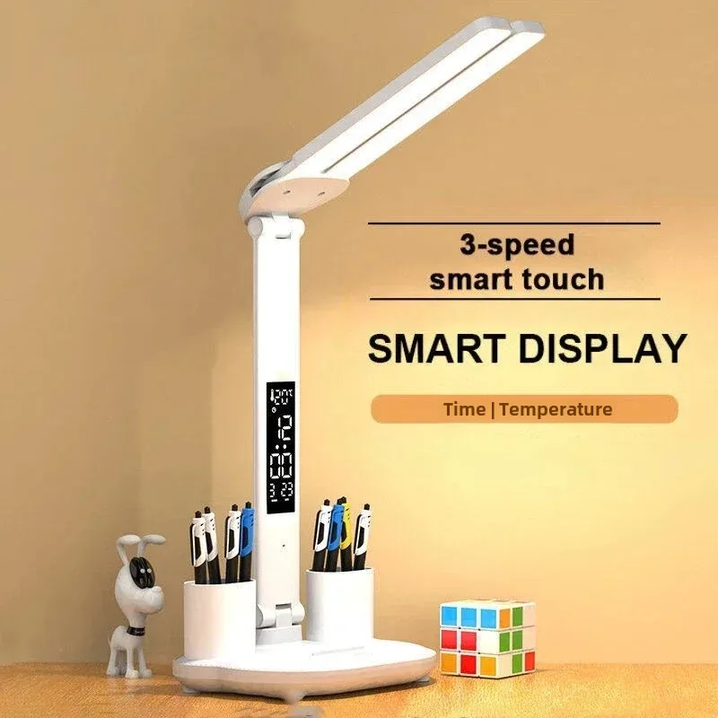 LED Table Lamp Double-Headed USB Chargeable Dimmable Desk Lamp with Calendar Clock Foldable Eye Protection Reading Night Light