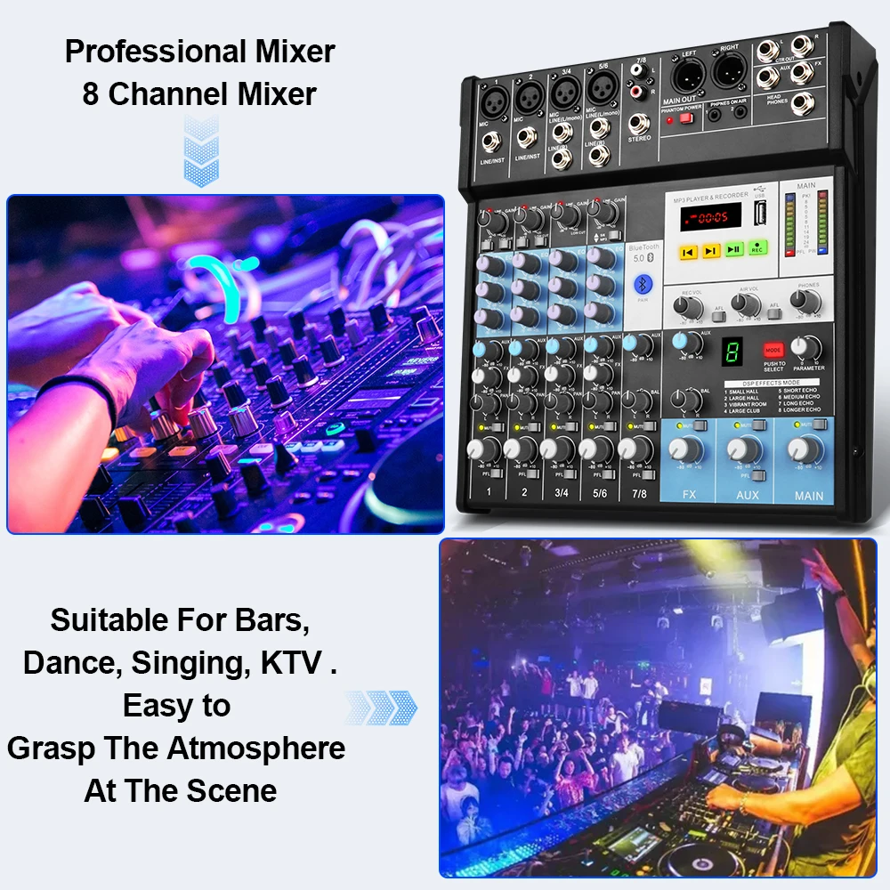 Table de mixage DJ 2 canaux égaliseur 3 bandes avec Bluetooth intégré