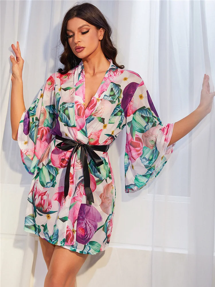 Sexy Bathrobe Allover Leopard Print Nightdress Mesh Nightwear Cozy Bridesmaid Wedding Party Belted Robe